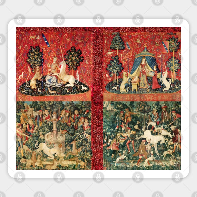 FOUR LADY AND UNICORN STORIES ,Fantasy Flowers,Animals, Red Green Floral Tapestry Sticker by BulganLumini